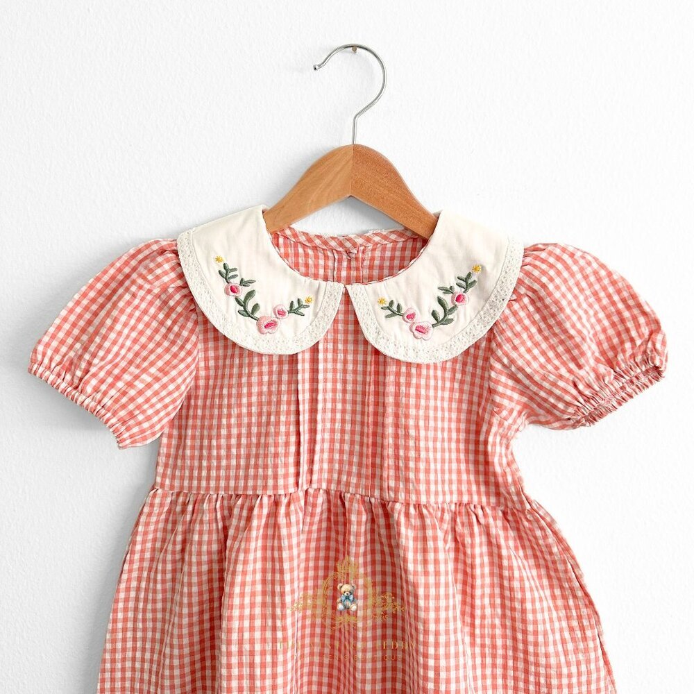 NWT Pretty Girls Floral Embroidered Bib Collar Dress Gingham Blush & White 5T - Picture 3 of 3